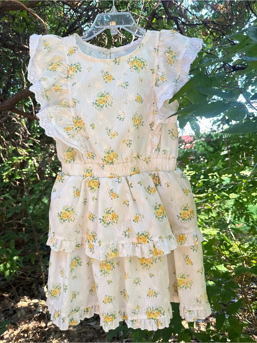 Girls Yellow Rose Eyelet Ruffle Dress